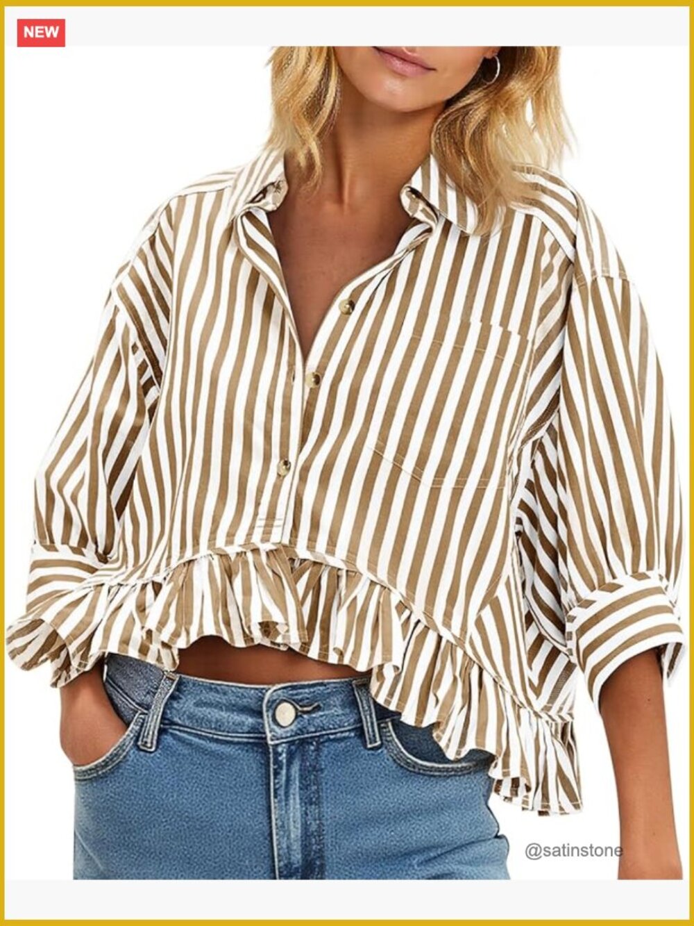 Cropped Striped Button Down Shirt with 3/4 Sleeve Ruffle Hem - Picture 1 of 6